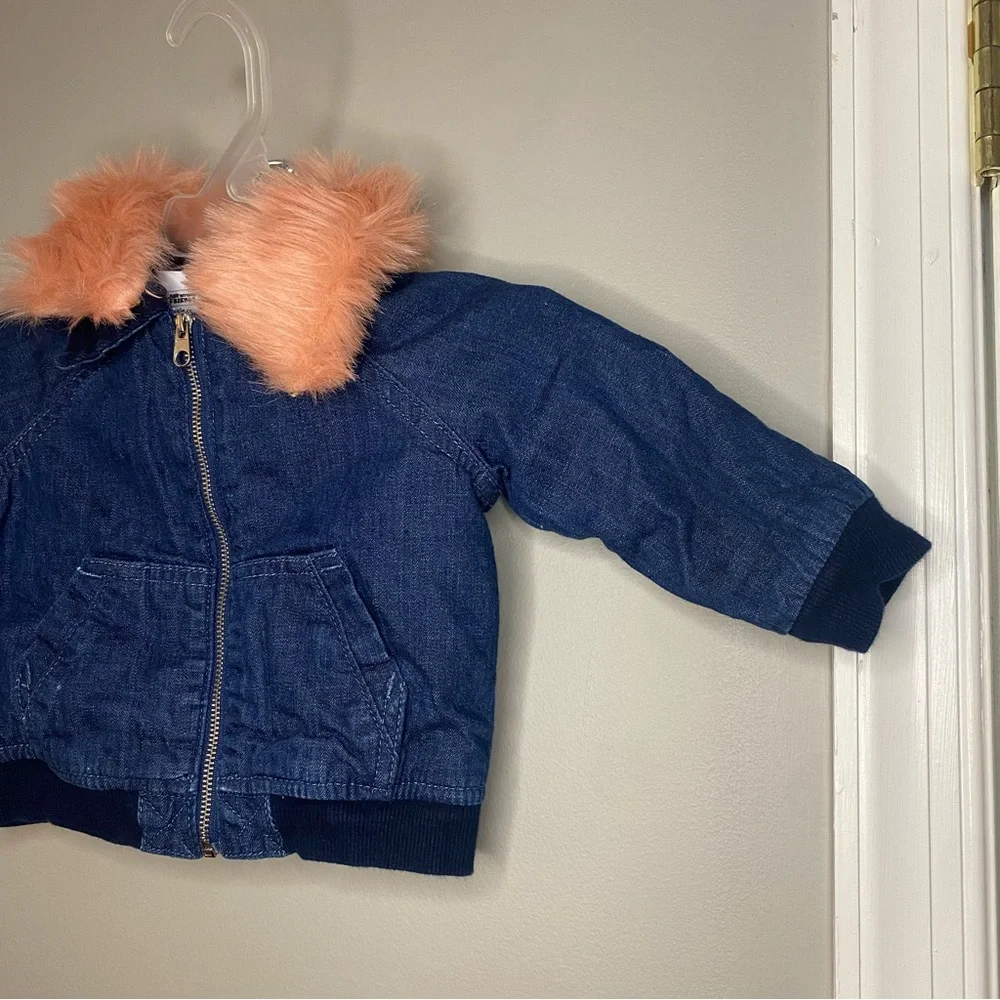 Gymboree Baby Girl Jean Jacket Lined Coat With Removable Pink Fur Collar 6-12M